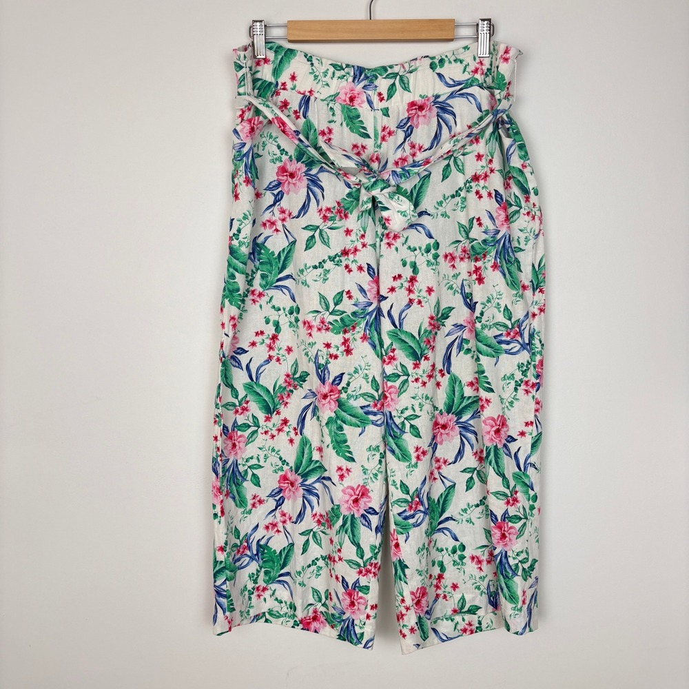 Land N Sea Women Linen Blend Wide Leg White Floral Cropped Pants Size L Tropical
